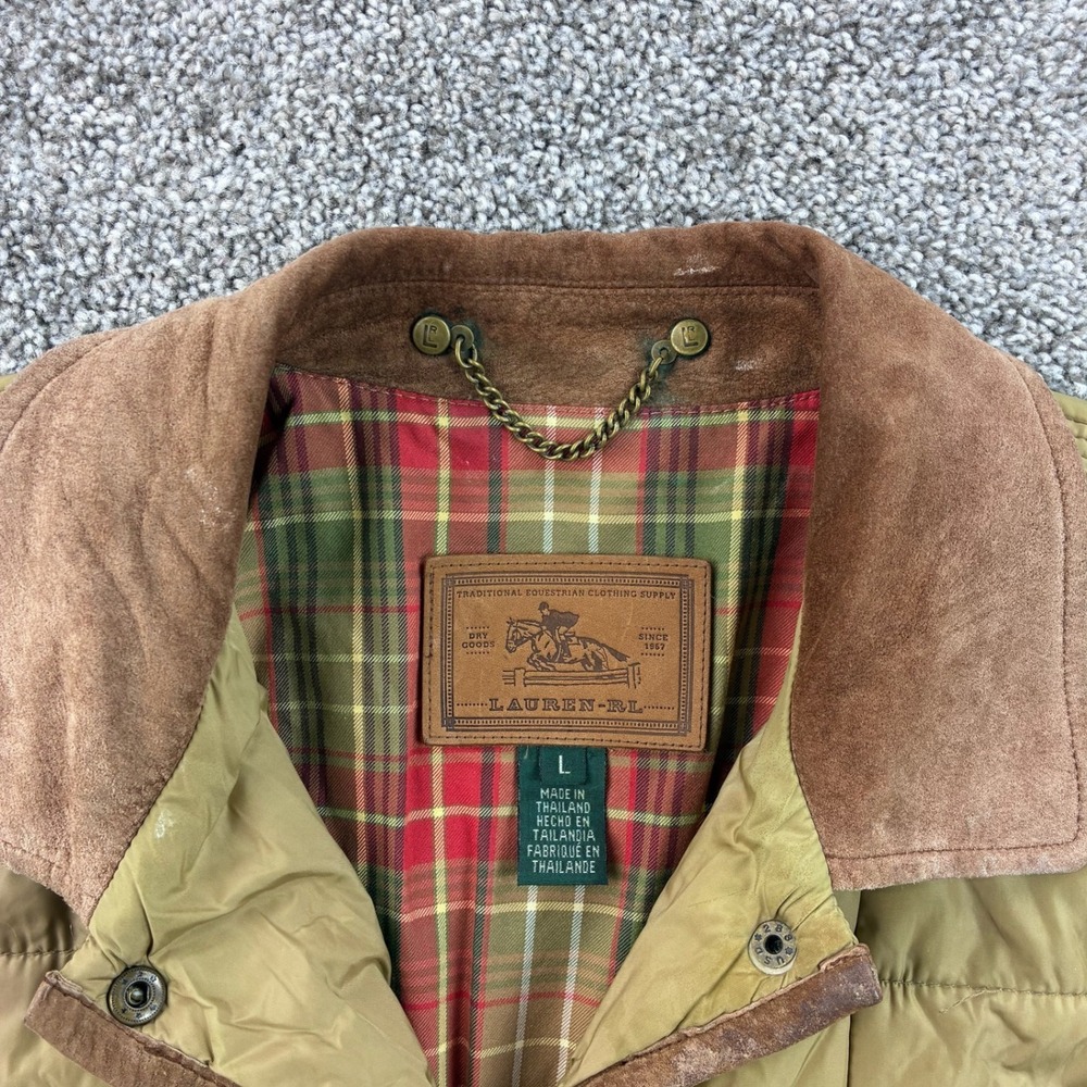 Polo Ralph Lauren Quilted Barn Jacket Womens L Green Corduroy Leather Equestrian - Picture 4 of 8